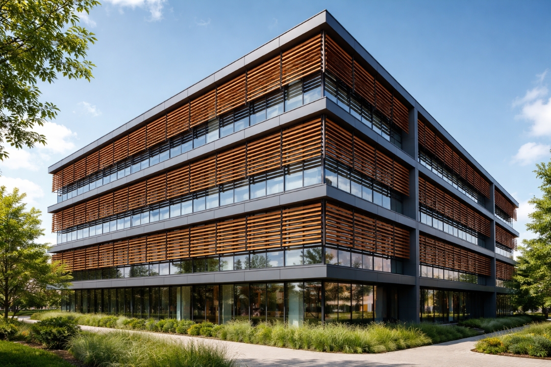 Un edificio con lamas de protección solar.